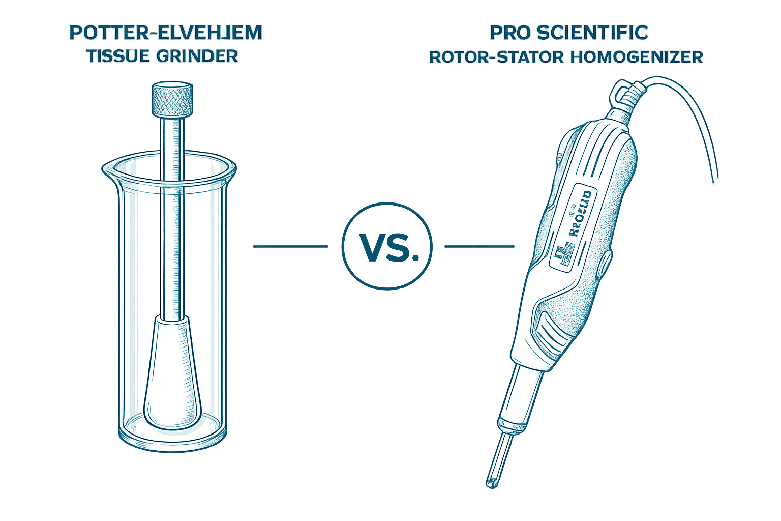 Illustration comparing a Potter-Elvehjem tissue grinder with a PRO Scientific rotor-stator homogenizer